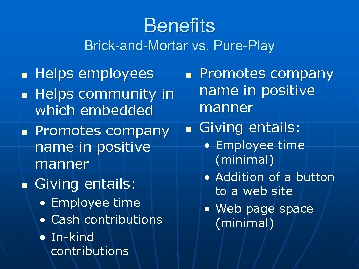 Benefits Brick-and-Mortar vs. Pure-Play n n Helps employees Helps community in which embedded Promotes