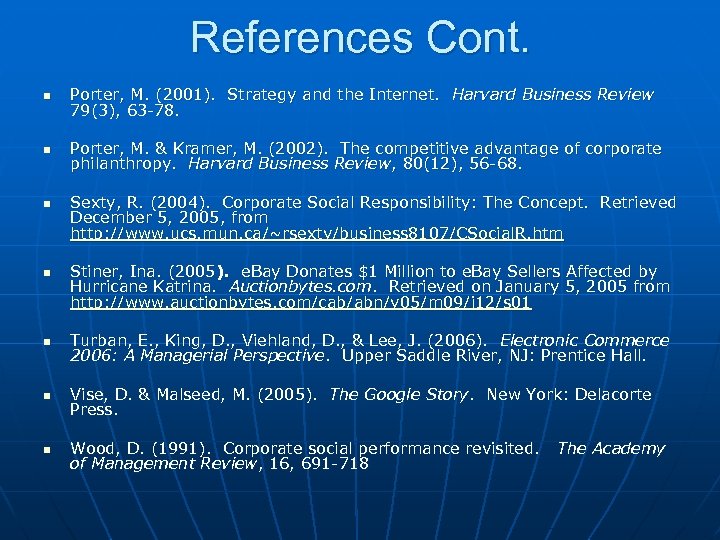 References Cont. n Porter, M. (2001). Strategy and the Internet. Harvard Business Review 79(3),