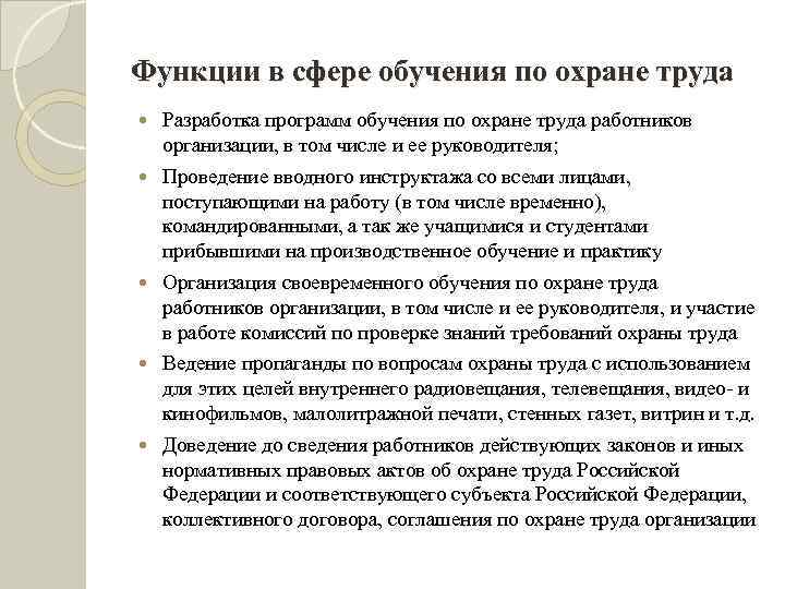 Функции в сфере обучения по охране труда Разработка программ обучения по охране труда работников