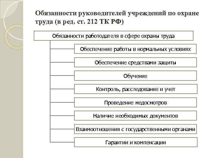 Обязанности руководителей учреждений по охране труда (в ред. ст. 212 ТК РФ) Обязанности работодателя