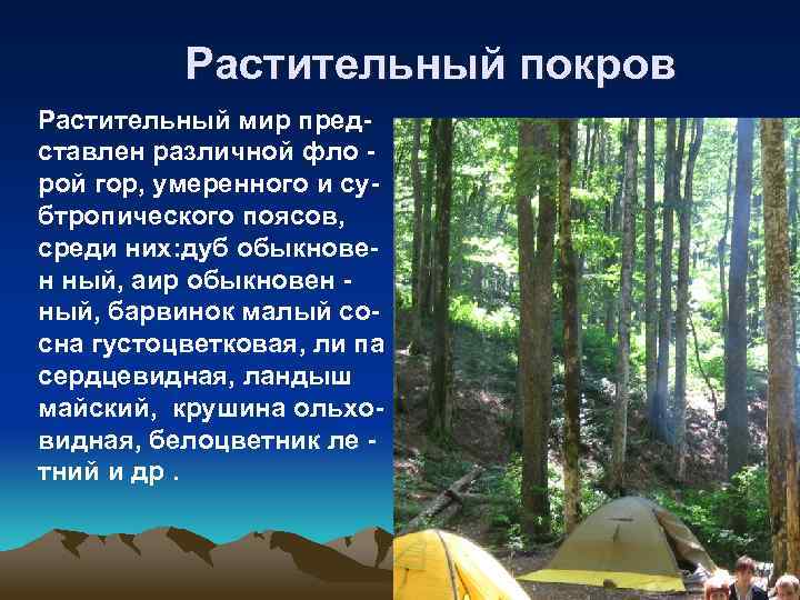  Растительный покров Растительный мир пред- ставлен различной фло рой гор, умеренного и су-