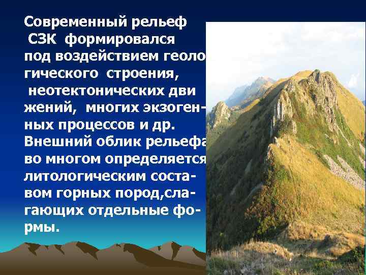 Современный рельеф СЗК формировался под воздействием геоло гического строения, неотектонических дви жений, многих экзогенных