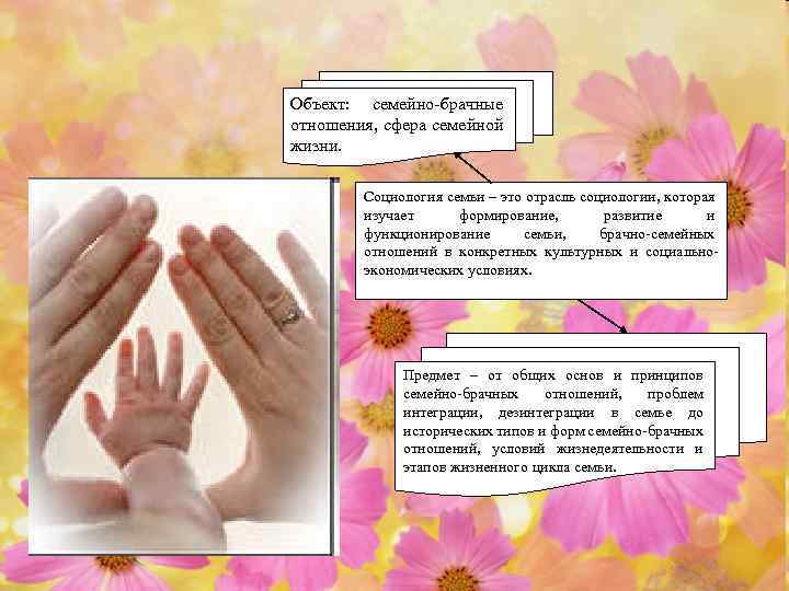 Объект: семейно-брачные отношения, сфера семейной жизни. Социология семьи – это отрасль социологии, которая изучает