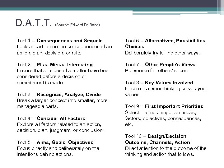 D. A. T. T. (Source: Edward De Bono) Tool 1 -- Consequences and Sequels