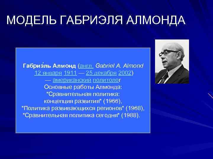 МОДЕЛЬ ГАБРИЭЛЯ АЛМОНДА Габриэ ль Алмонд (англ. Gabriel A. Almond 12 января 1911 —