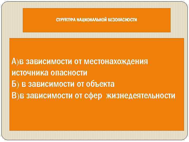 СТРУКТУРА НАЦИОНАЛЬНОЙ БЕЗОПАСНОСТИ А)в зависимости от местонахождения источника опасности Б) в зависимости от объекта