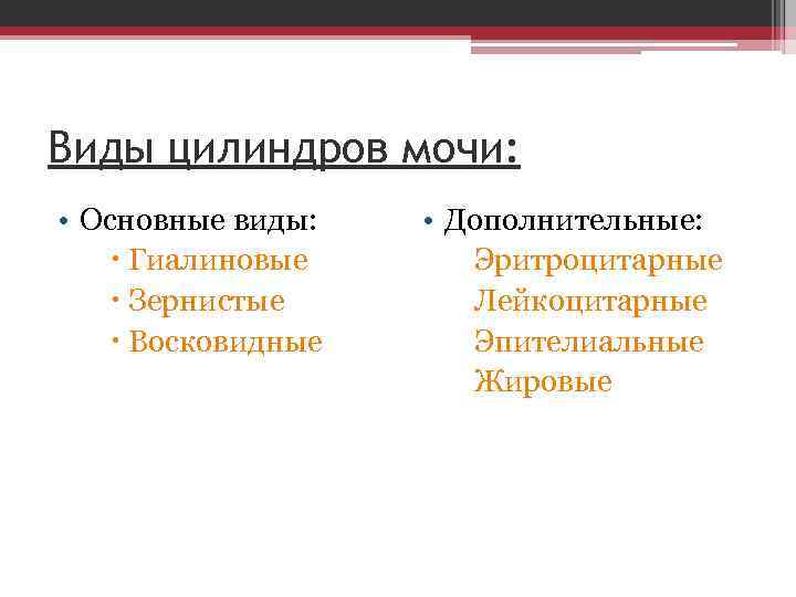 Виды цилиндров мочи: • Основные виды: Гиалиновые Зернистые Восковидные • Дополнительные: Эритроцитарные Лейкоцитарные Эпителиальные