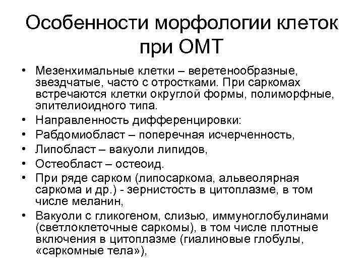 Особенности морфологии клеток при ОМТ • Мезенхимальные клетки – веретенообразные, звездчатые, часто с отростками.