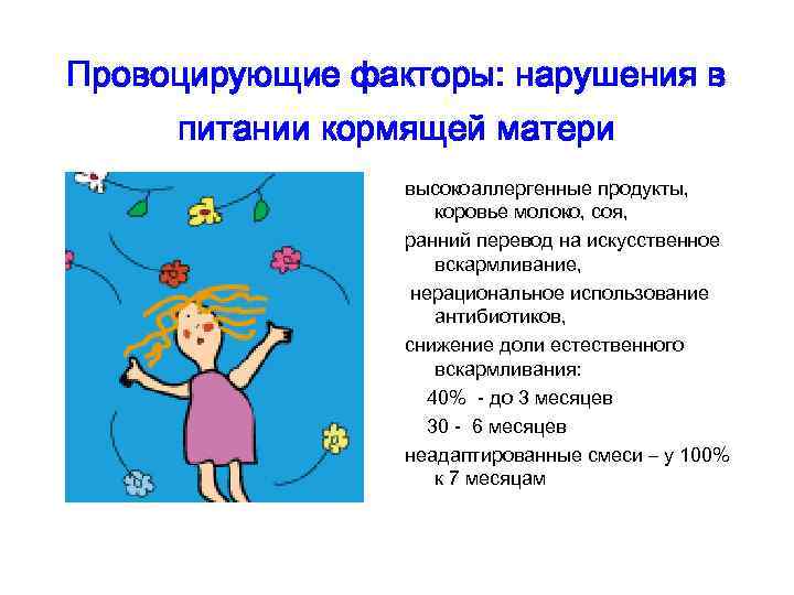 Провоцирующие факторы: нарушения в питании кормящей матери высокоаллергенные продукты, коровье молоко, соя, ранний перевод