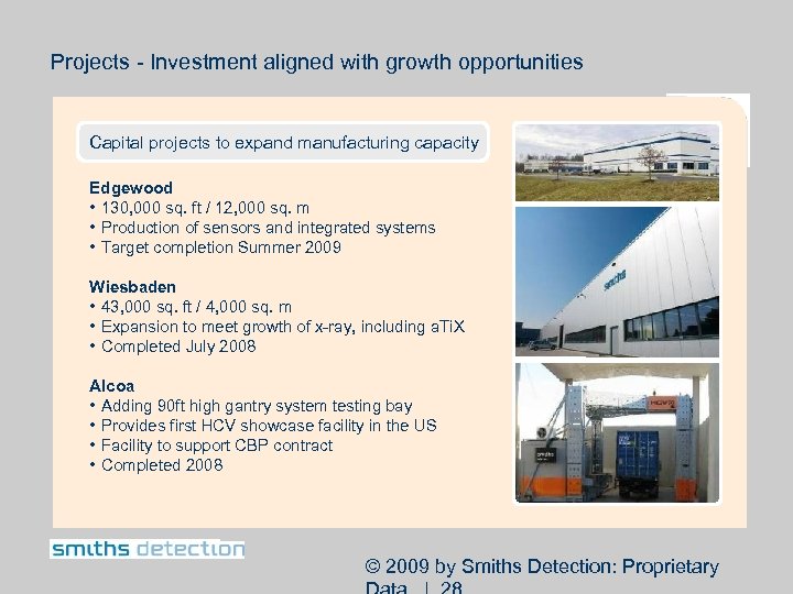 Projects - Investment aligned with growth opportunities Capital projects to expand manufacturing capacity Edgewood