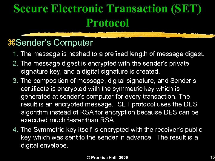 Secure Electronic Transaction (SET) Protocol z. Sender’s Computer 1. The message is hashed to