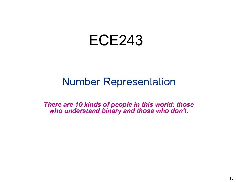 ECE 243 Number Representation There are 10 kinds of people in this world: those