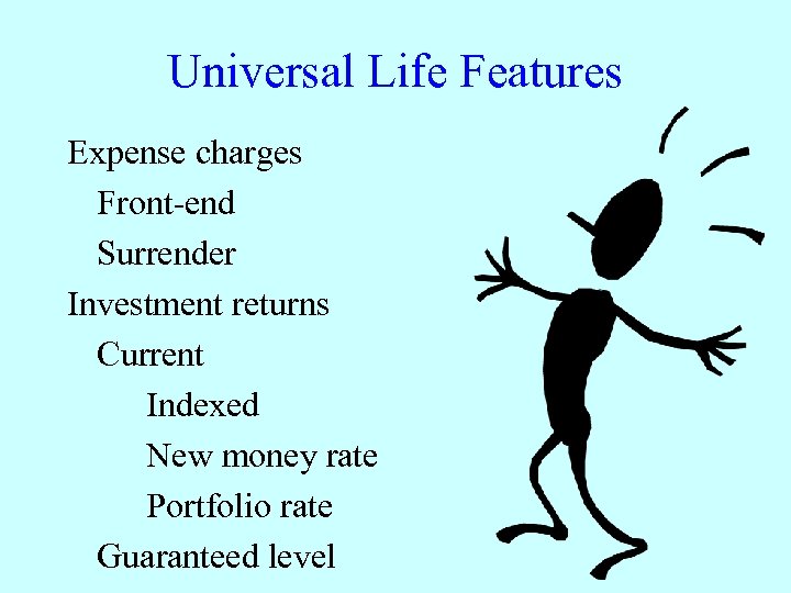 Universal Life Features Expense charges Front-end Surrender Investment returns Current Indexed New money rate