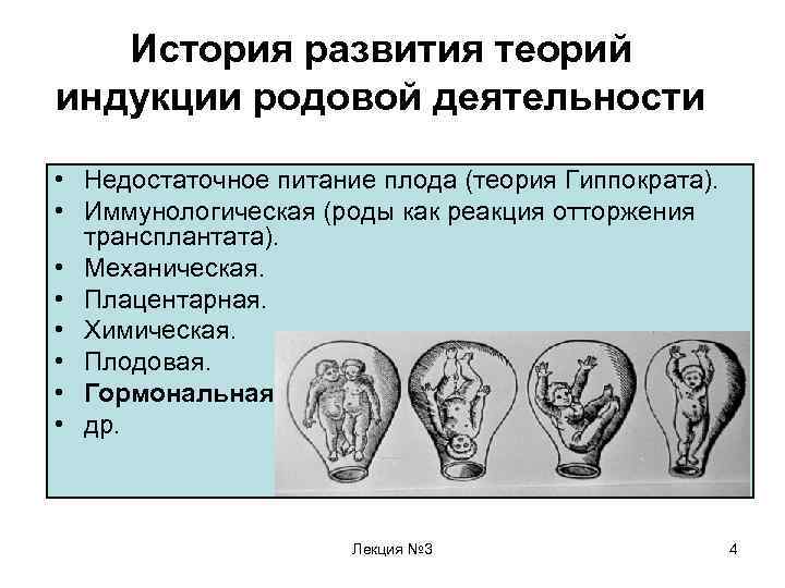 История развития теорий индукции родовой деятельности • Недостаточное питание плода (теория Гиппократа). • Иммунологическая