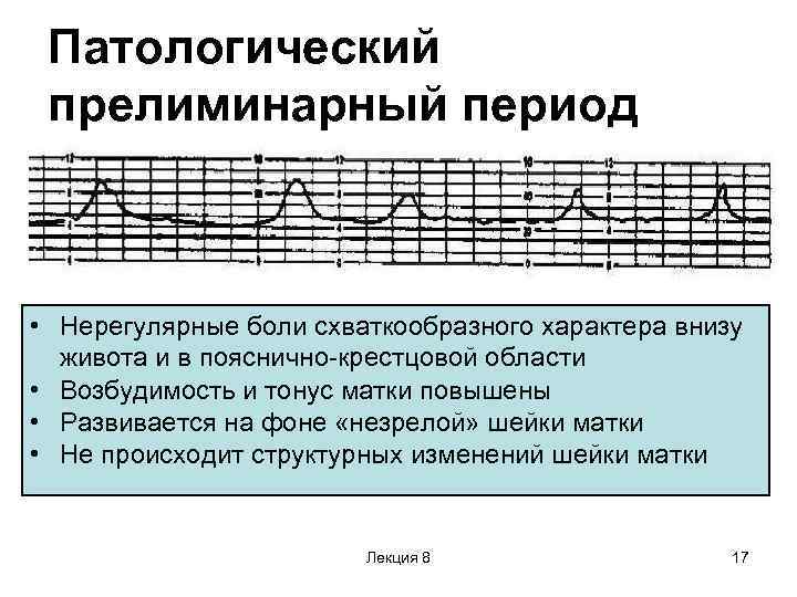 Патологический прелиминарный период • Нерегулярные боли схваткообразного характера внизу живота и в пояснично-крестцовой области
