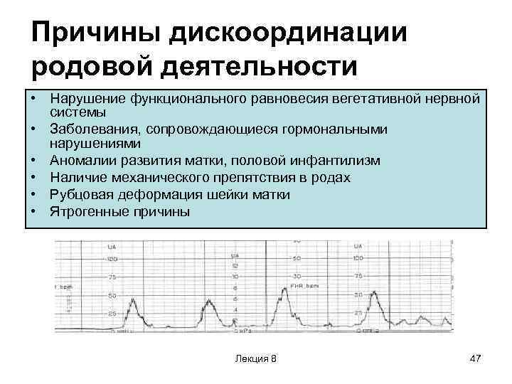 Причины дискоординации родовой деятельности • Нарушение функционального равновесия вегетативной нервной системы • Заболевания, сопровождающиеся