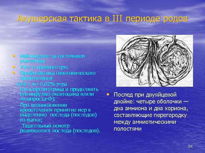 Акушерская тактика в III периоде родов • Наблюдение за состоянием • • роженицы; Учет