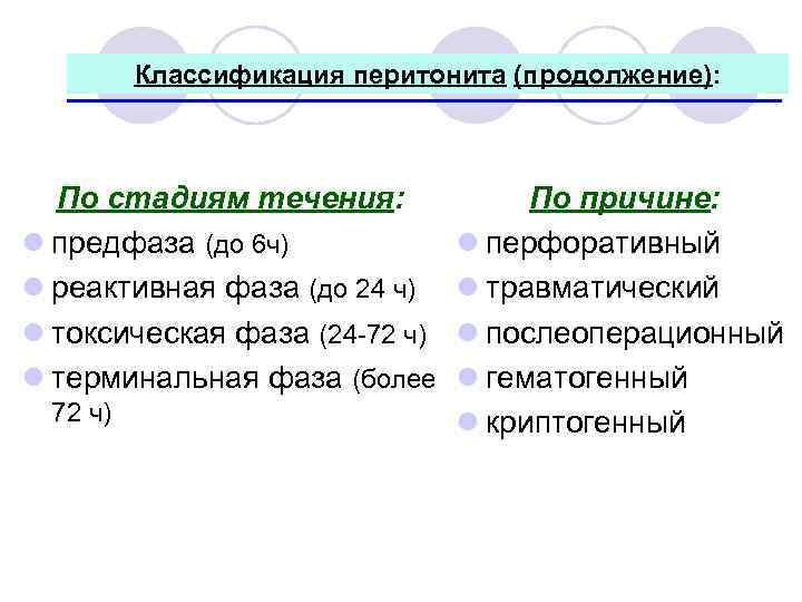 Классификация перитонита (продолжение): По стадиям течения: l предфаза (до 6 ч) l реактивная фаза