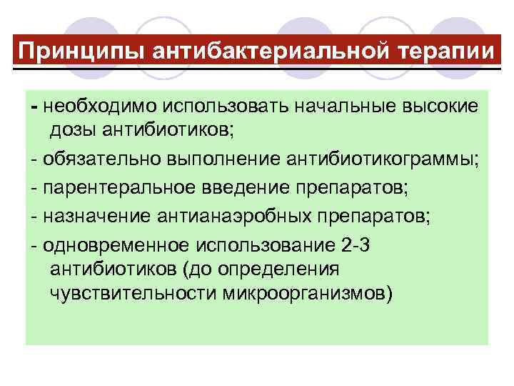 Принципы антибактериальной терапии - необходимо использовать начальные высокие дозы антибиотиков; - обязательно выполнение антибиотикограммы;