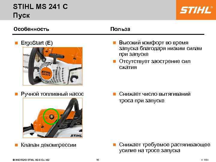 STIHL MS 241 C Пуск Особенность Польза Высокий комфорт во время запуска благодаря низким