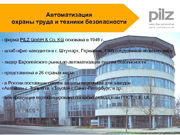 Автоматизация охраны труда и техники безопасности - фирма PILZ Gmb. H & Co. KG