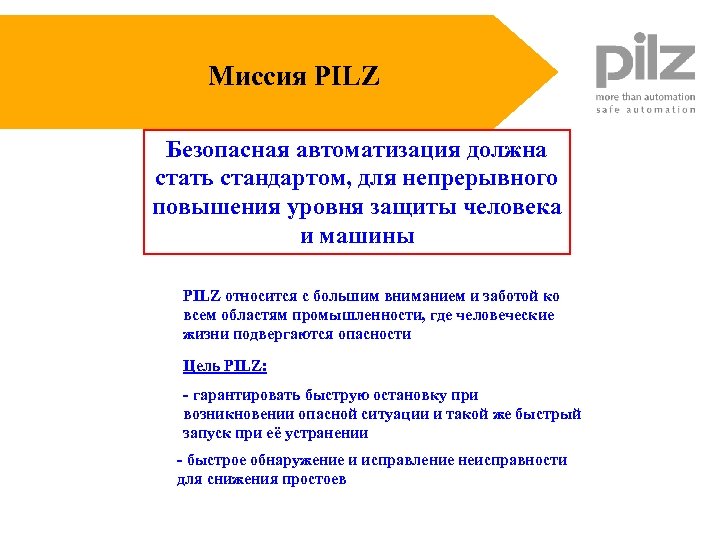 Миссия PILZ Безопасная автоматизация должна стать стандартом, для непрерывного повышения уровня защиты человека и