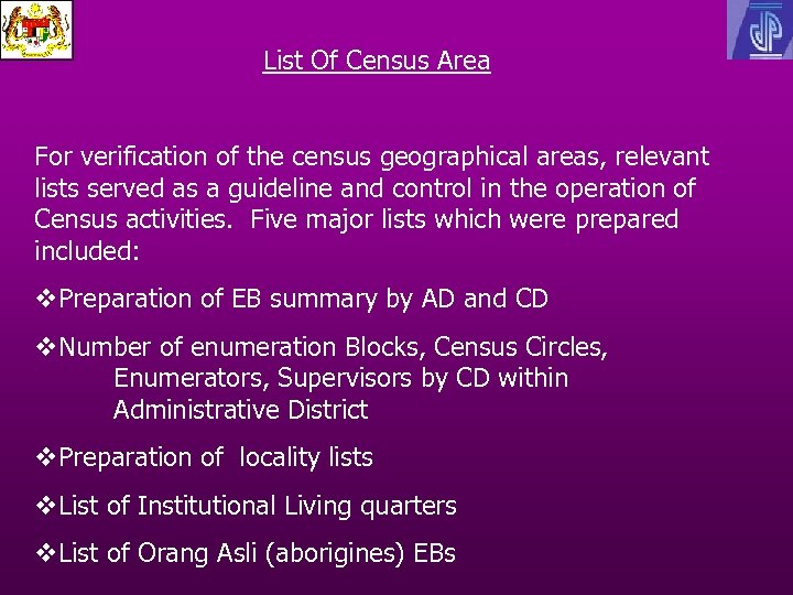 List Of Census Area For verification of the census geographical areas, relevant lists served