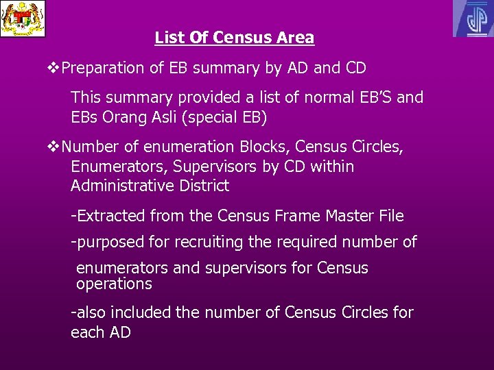 List Of Census Area v. Preparation of EB summary by AD and CD This