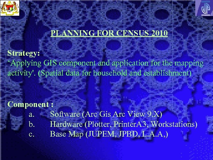 PLANNING FOR CENSUS 2010 Strategy: ‘Applying GIS component and application for the mapping activity'.