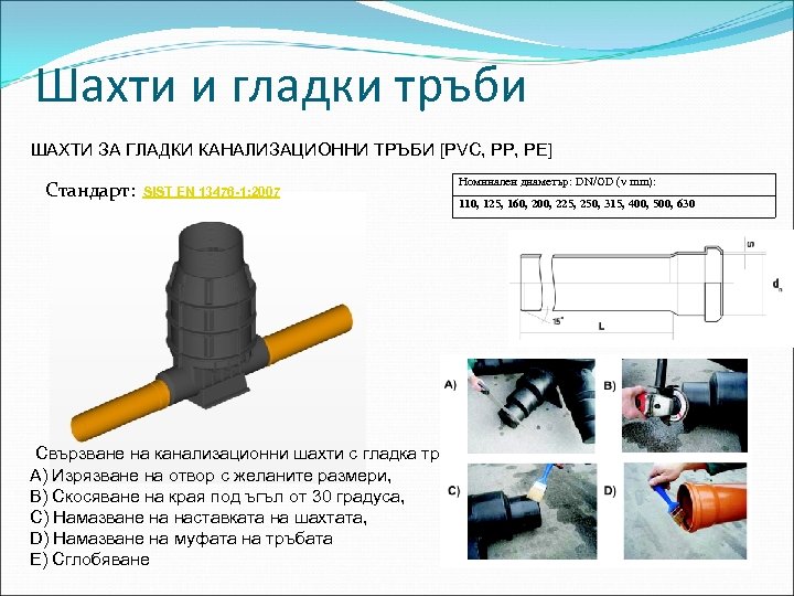 Шахти и гладки тръби ШАХТИ ЗА ГЛАДКИ КАНАЛИЗАЦИОННИ ТРЪБИ [PVC, PP, PE] Стандарт: SIST