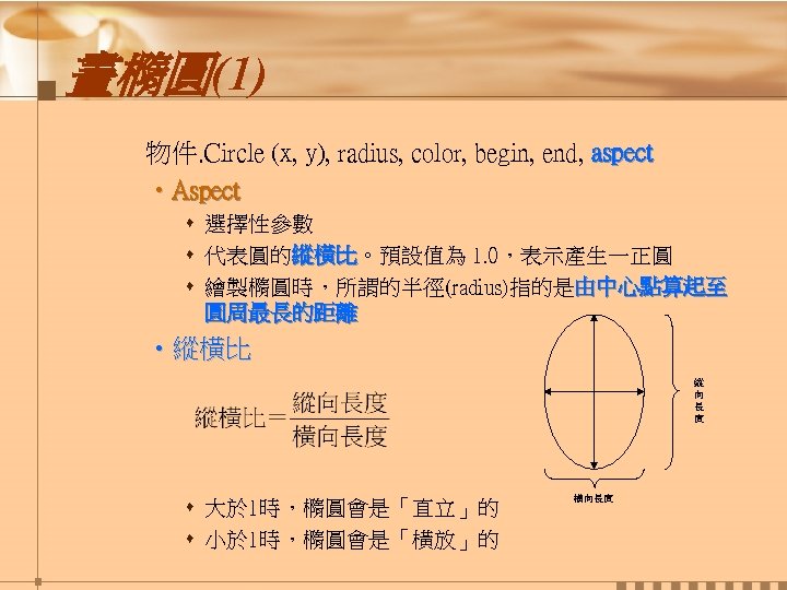 畫橢圓(1) 物件. Circle (x, y), radius, color, begin, end, aspect • Aspect s 選擇性參數