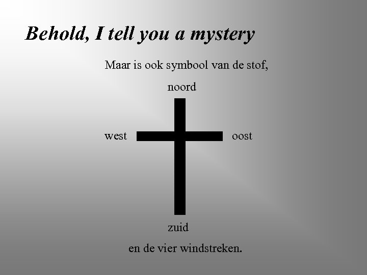 Behold, I tell you a mystery Maar is ook symbool van de stof, noord