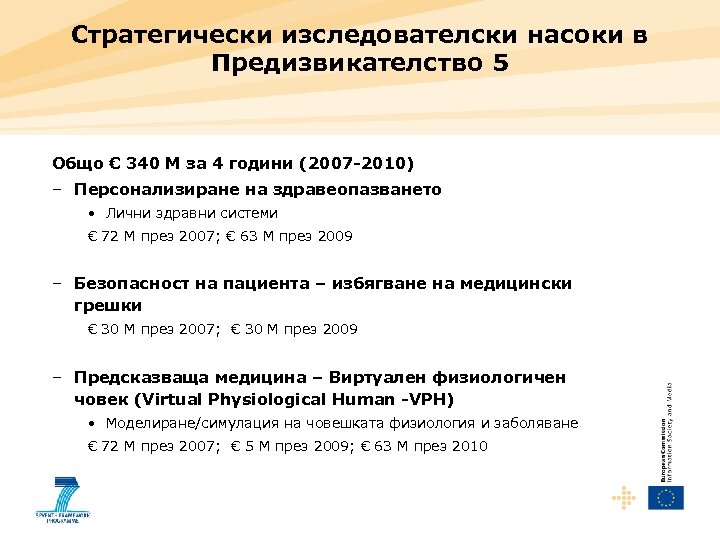 Стратегически изследователски насоки в Предизвикателство 5 Общо € 340 M за 4 години (2007