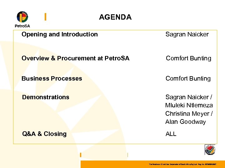 AGENDA Opening and Introduction Sagran Naicker Overview & Procurement at Petro. SA Comfort Bunting