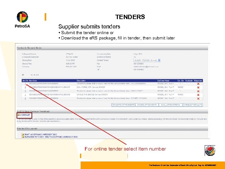 TENDERS Supplier submits tenders • Submit the tender online or • Download the e.