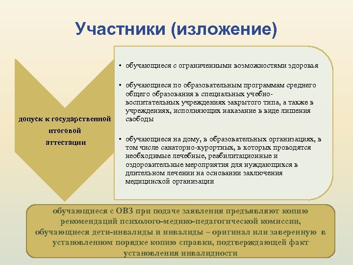 Участники (изложение) • обучающиеся с ограниченными возможностями здоровья • обучающиеся по образовательным программам среднего