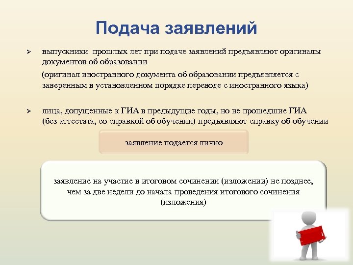 Подача заявлений Ø выпускники прошлых лет при подаче заявлений предъявляют оригиналы документов об образовании