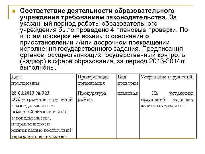 n Соответствие деятельности образовательного учреждения требованиям законодательства. За указанный период работы образовательного учреждения было