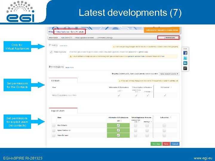 Latest developments (7) Only for Virtual Appliances Set permissions for the Contacts Set permissions
