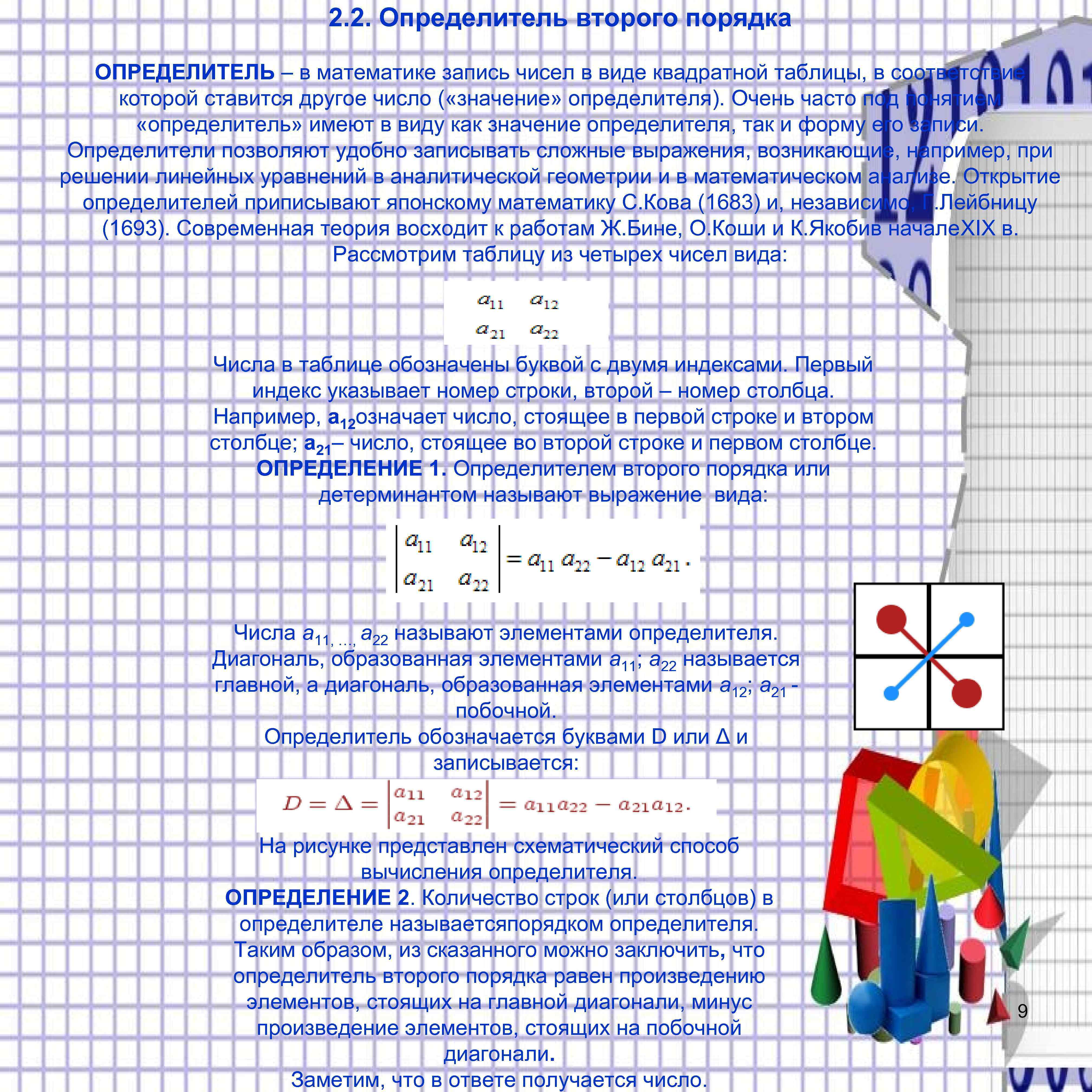 2. 2. Определитель второго порядка ОПРЕДЕЛИТЕЛЬ – в математике запись чисел в виде квадратной