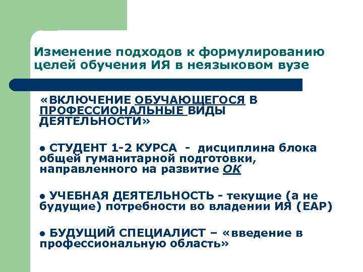Изменение подходов к формулированию целей обучения ИЯ в неязыковом вузе «ВКЛЮЧЕНИЕ ОБУЧАЮЩЕГОСЯ В ПРОФЕССИОНАЛЬНЫЕ