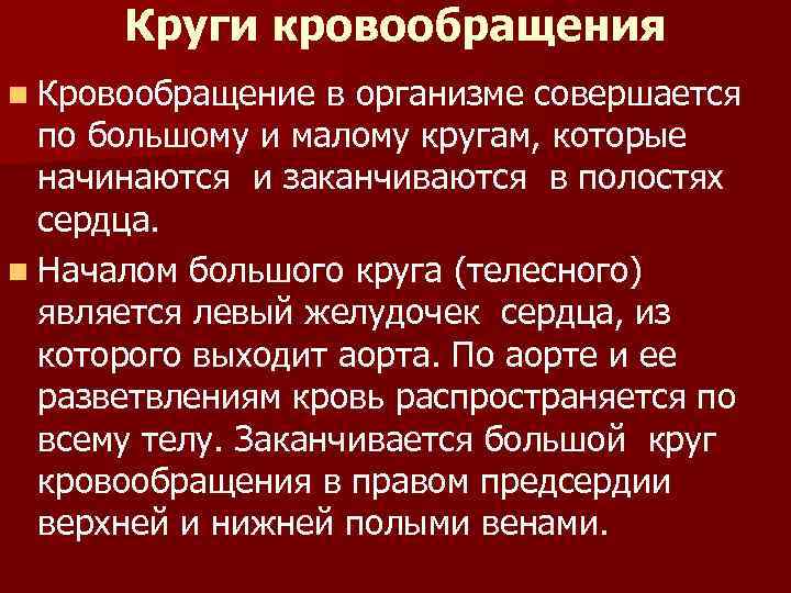 Круги кровообращения n Кровообращение в организме совершается по большому и малому кругам, которые начинаются