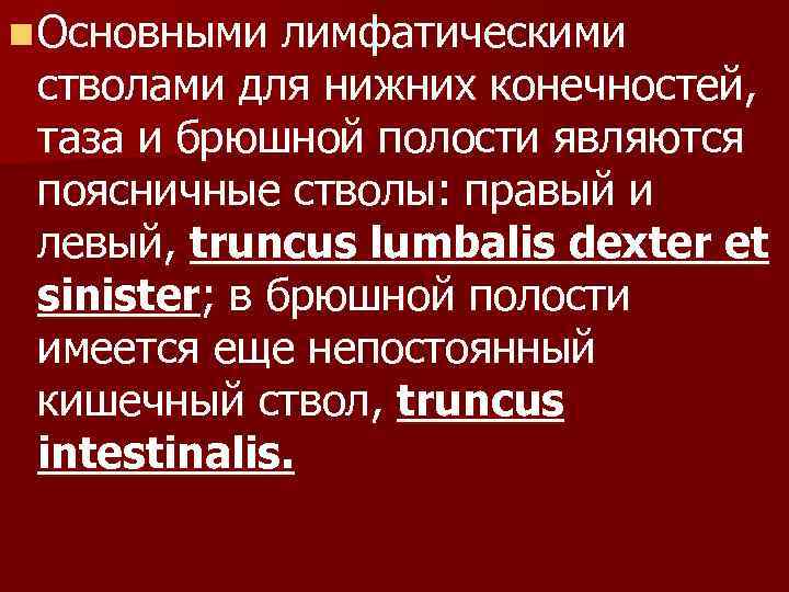 n Основными лимфатическими стволами для нижних конечностей, таза и брюшной полости являются поясничные стволы:
