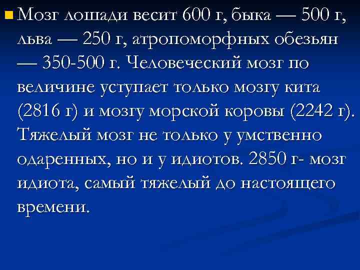 n Мозг лошади весит 600 г, быка — 500 г, льва — 250 г,