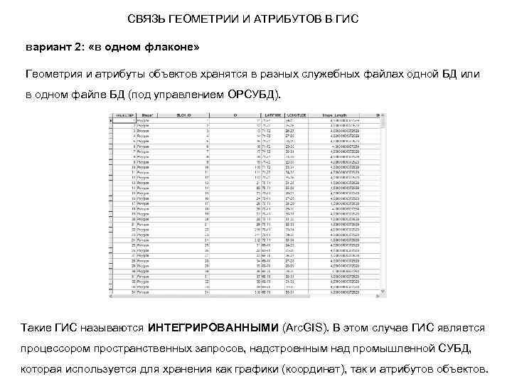 СВЯЗЬ ГЕОМЕТРИИ И АТРИБУТОВ В ГИС вариант 2: «в одном флаконе» Геометрия и атрибуты