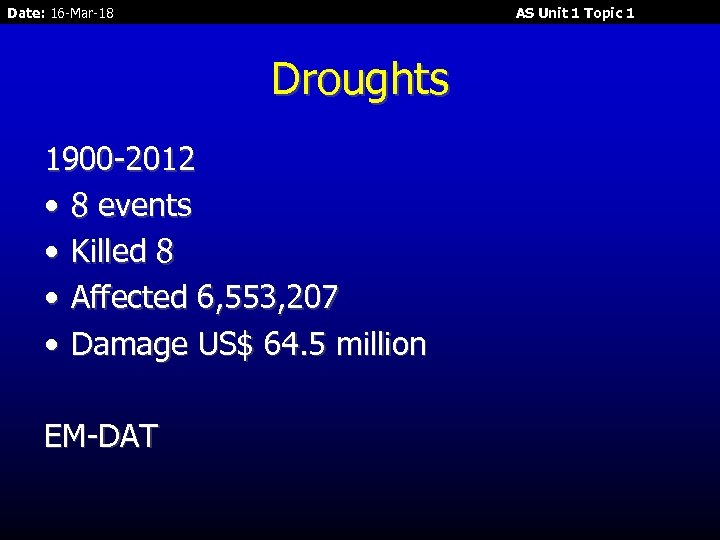 Date: 16 -Mar-18 AS Unit 1 Topic 1 Droughts 1900 -2012 • 8 events