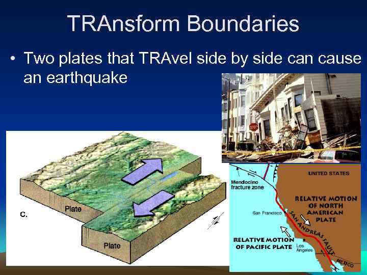 TRAnsform Boundaries • Two plates that TRAvel side by side can cause an earthquake