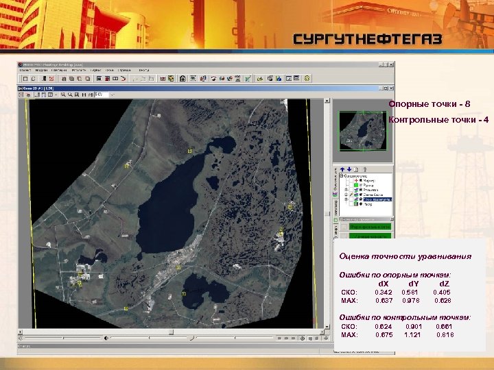 Опорные точки - 8 Контрольные точки - 4 Оценка точности уравнивания Ошибки по опорным
