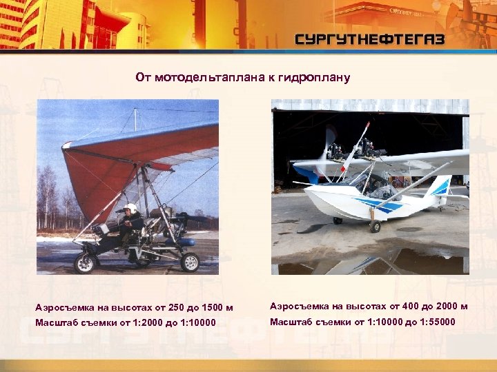 От мотодельтаплана к гидроплану Аэросъемка на высотах от 250 до 1500 м Аэросъемка на