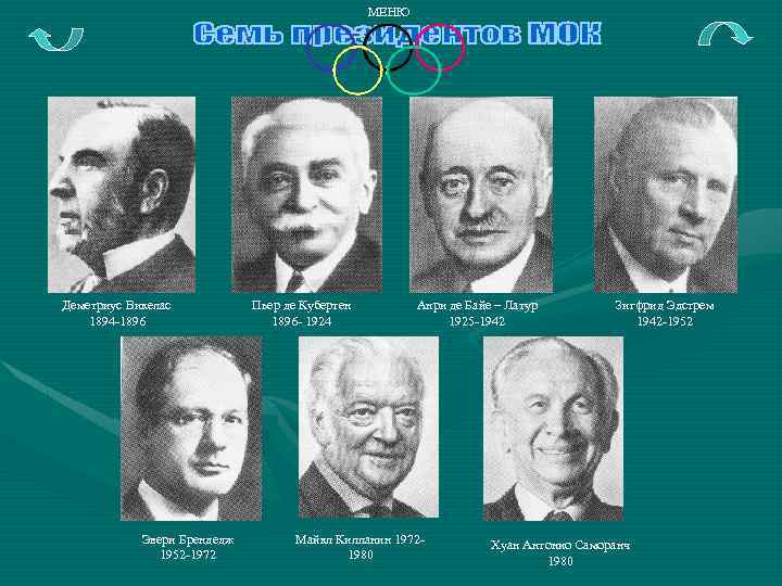 МЕНЮ Деметриус Викелас 1894 -1896 Эвери Брендедж 1952 -1972 Пьер де Кубертен 1896 -